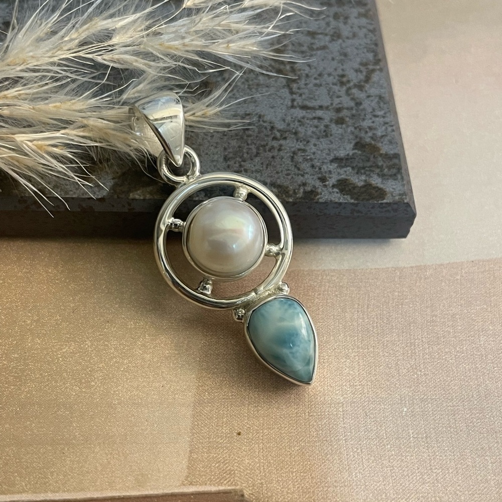 925 sterling silver natural Larimar with fresh water Pearl  pendant “B O H O” - Picture 8 of 9